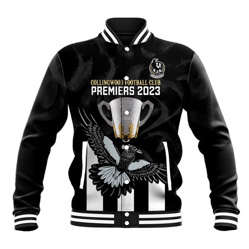 personalised-afl-collingwood-baseball-jacket-magpies-premiers-2023-with-trophy-proud