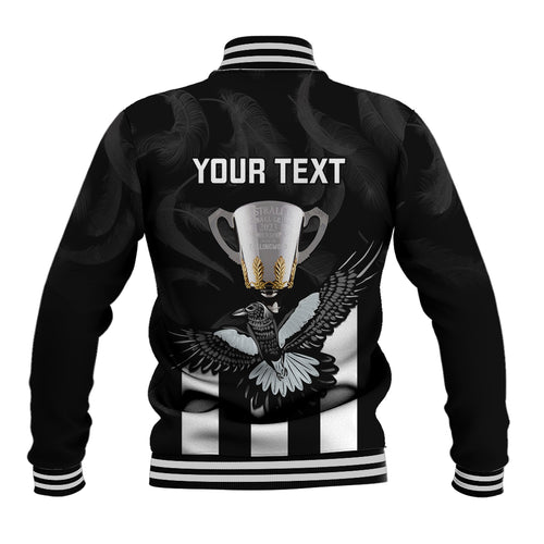 personalised-afl-collingwood-baseball-jacket-magpies-premiers-2023-with-trophy-proud