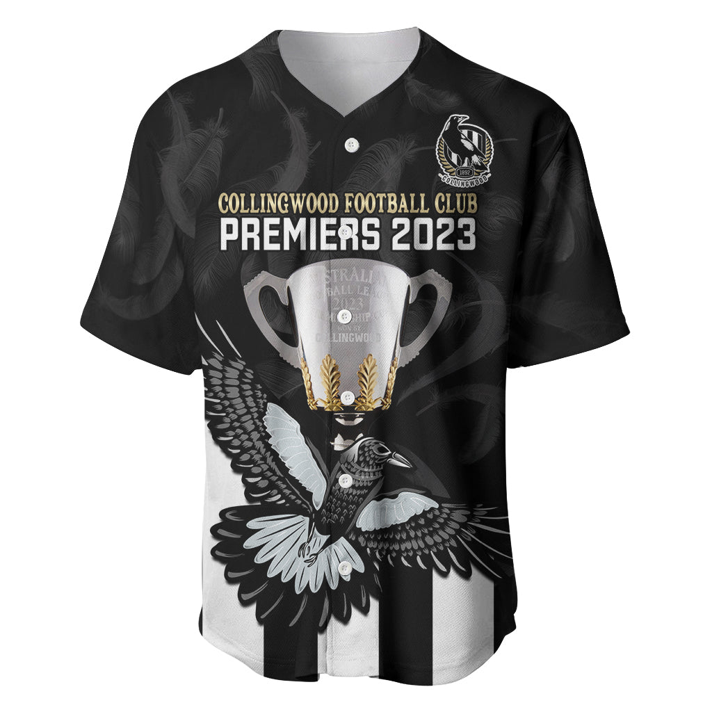 personalised-afl-collingwood-baseball-jersey-magpies-premiers-2023-with-trophy-proud