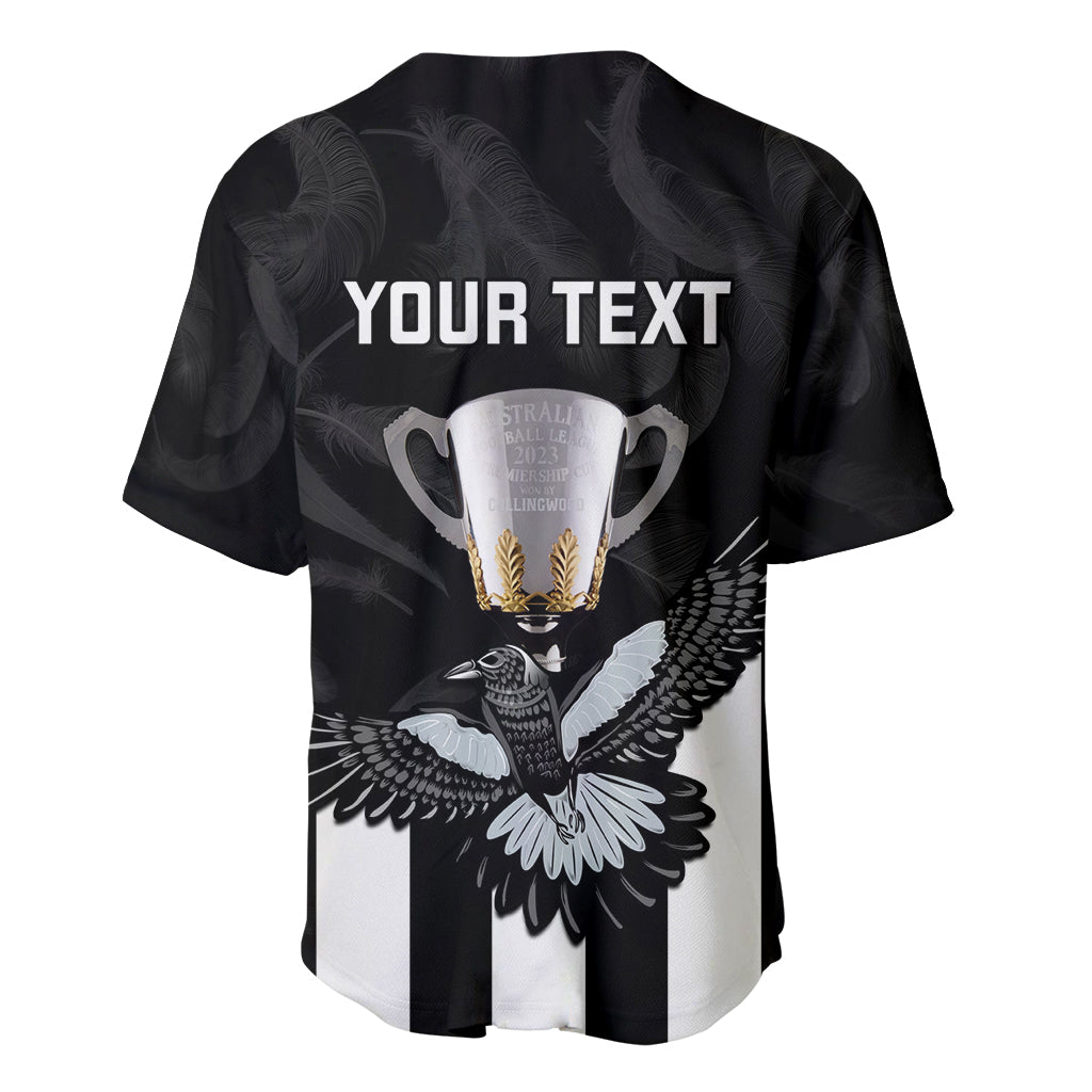 personalised-afl-collingwood-baseball-jersey-magpies-premiers-2023-with-trophy-proud
