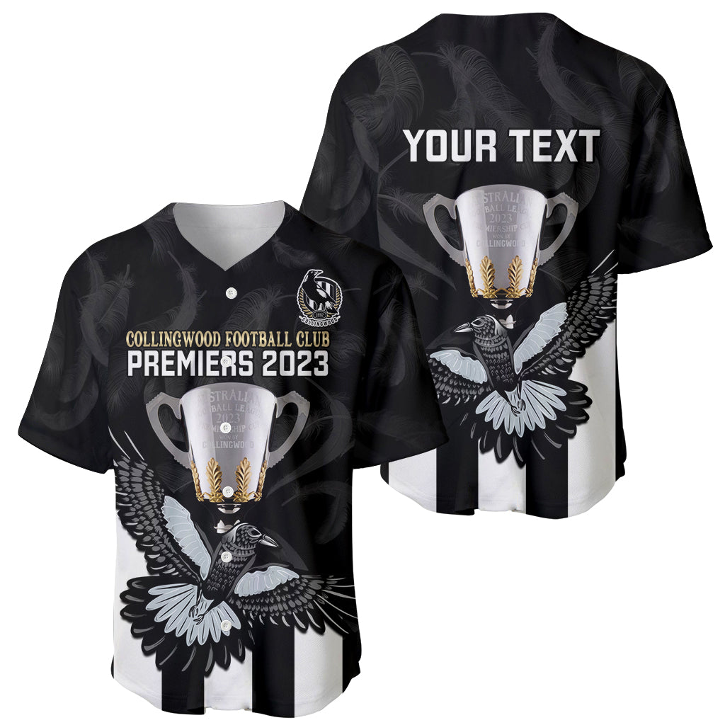 personalised-afl-collingwood-baseball-jersey-magpies-premiers-2023-with-trophy-proud