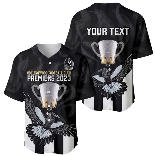 personalised-afl-collingwood-baseball-jersey-magpies-premiers-2023-with-trophy-proud