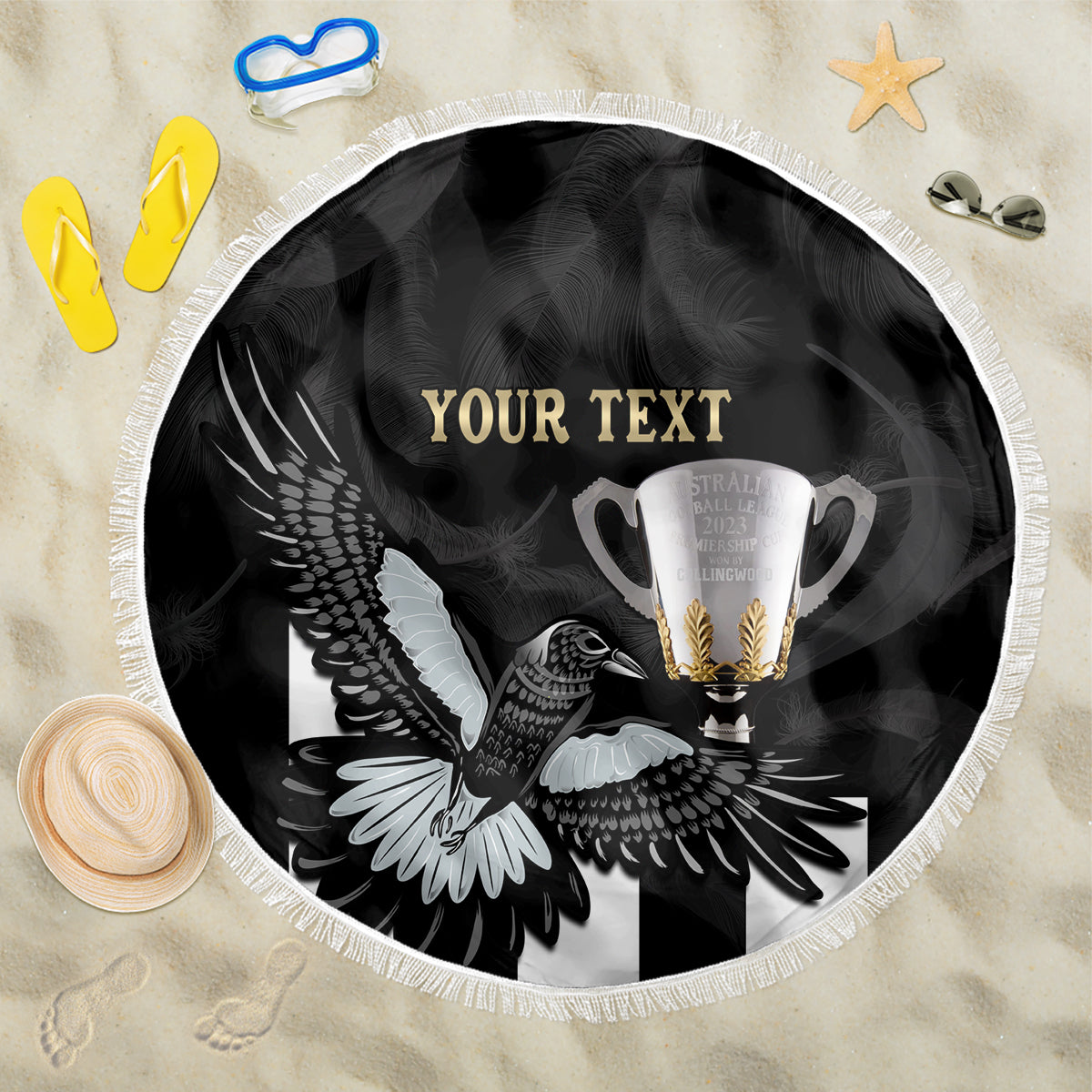 Personalised AFL Collingwood Beach Blanket Magpies Premiers 2023 With Trophy Proud LT14