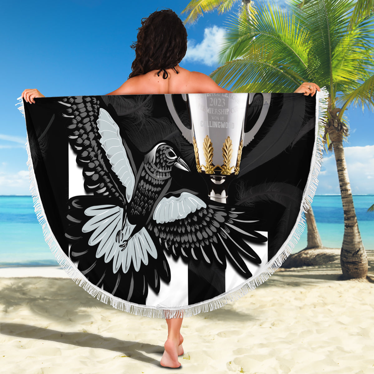Personalised AFL Collingwood Beach Blanket Magpies Premiers 2023 With Trophy Proud LT14