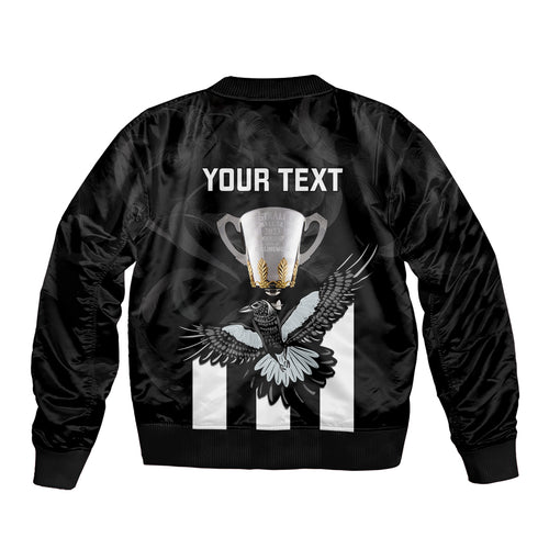 personalised-afl-collingwood-bomber-jacket-magpies-premiers-2023-with-trophy-proud