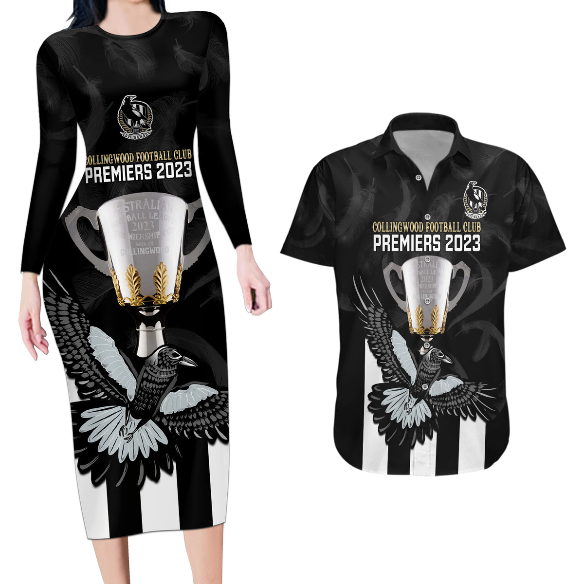 personalised-afl-collingwood-couples-matching-long-sleeve-bodycon-dress-and-hawaiian-shirt-magpies-premiers-2023-with-trophy-proud