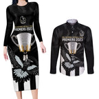personalised-afl-collingwood-couples-matching-long-sleeve-bodycon-dress-and-long-sleeve-button-shirts-magpies-premiers-2023-with-trophy-proud