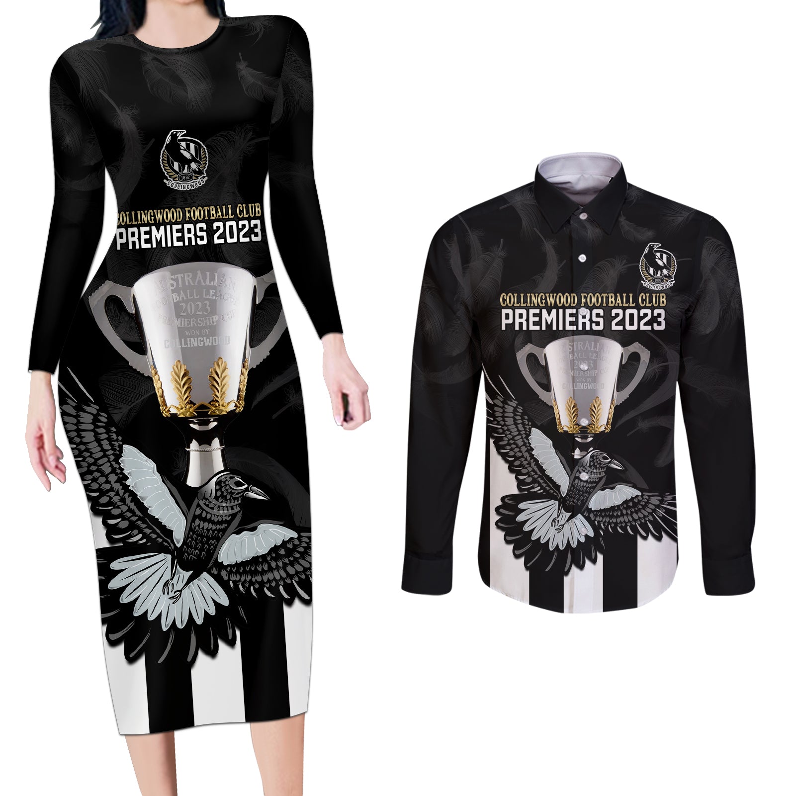 personalised-afl-collingwood-couples-matching-long-sleeve-bodycon-dress-and-long-sleeve-button-shirts-magpies-premiers-2023-with-trophy-proud