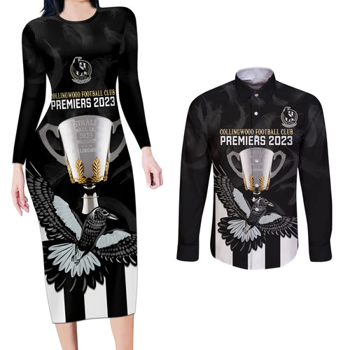 personalised-afl-collingwood-couples-matching-long-sleeve-bodycon-dress-and-long-sleeve-button-shirts-magpies-premiers-2023-with-trophy-proud