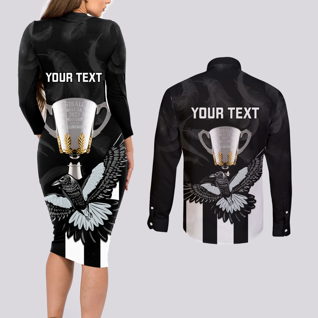 personalised-afl-collingwood-couples-matching-long-sleeve-bodycon-dress-and-long-sleeve-button-shirts-magpies-premiers-2023-with-trophy-proud