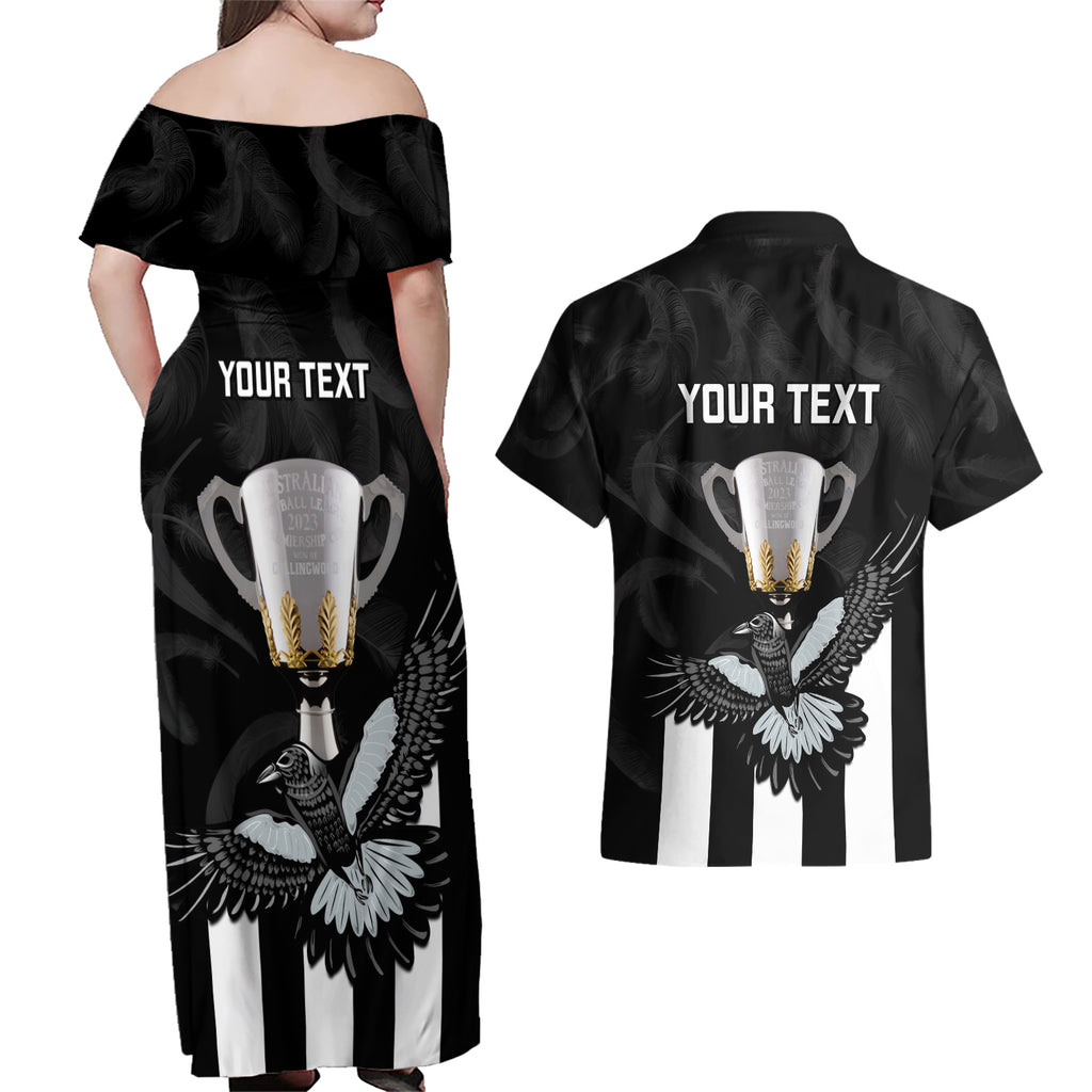 personalised-afl-collingwood-couples-matching-off-shoulder-maxi-dress-and-hawaiian-shirt-magpies-premiers-2023-with-trophy-proud