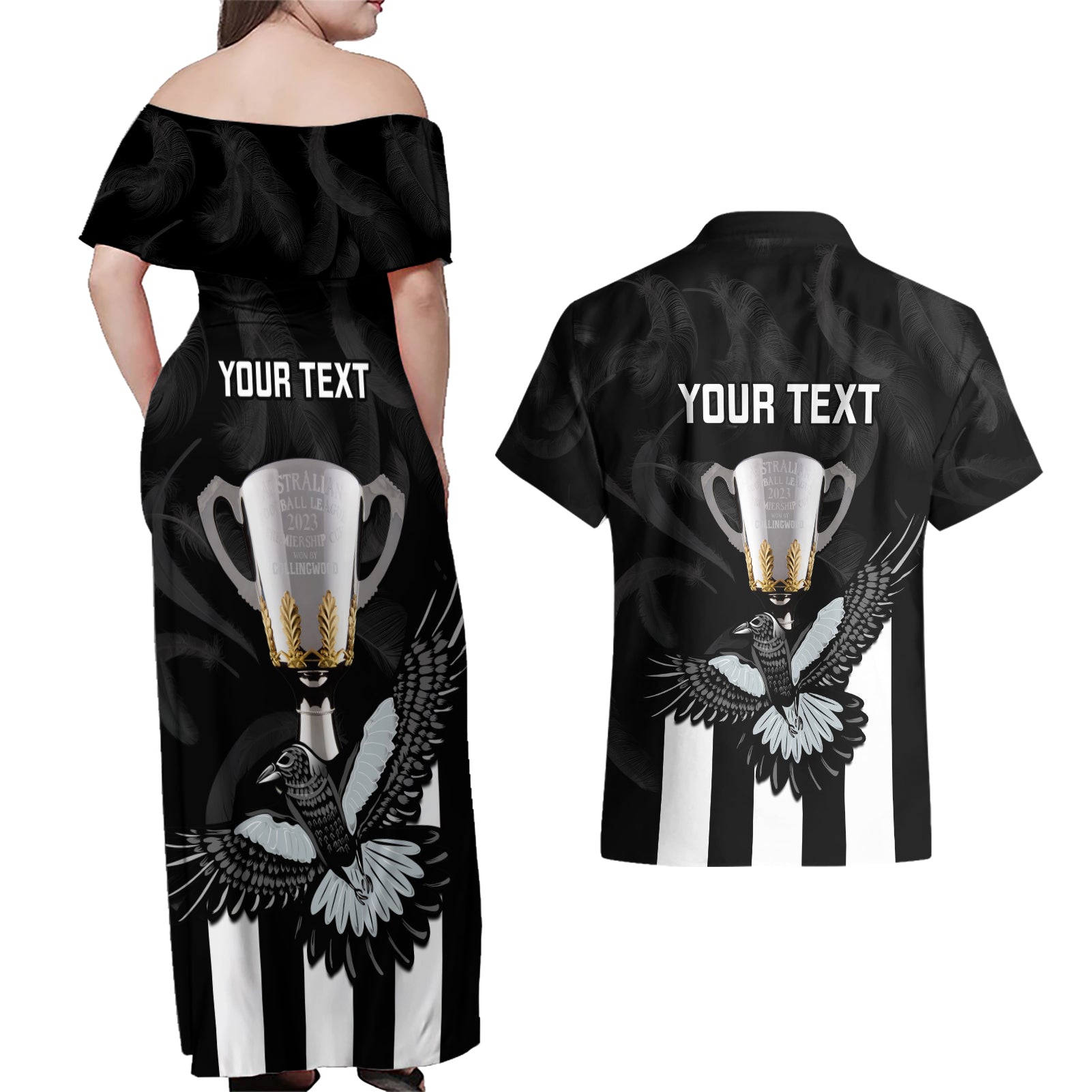 personalised-afl-collingwood-couples-matching-off-shoulder-maxi-dress-and-hawaiian-shirt-magpies-premiers-2023-with-trophy-proud