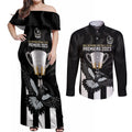 personalised-afl-collingwood-couples-matching-off-shoulder-maxi-dress-and-long-sleeve-button-shirts-magpies-premiers-2023-with-trophy-proud