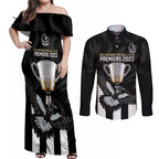 personalised-afl-collingwood-couples-matching-off-shoulder-maxi-dress-and-long-sleeve-button-shirts-magpies-premiers-2023-with-trophy-proud