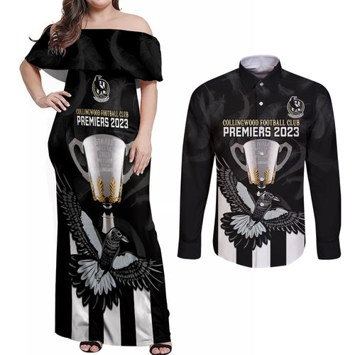 personalised-afl-collingwood-couples-matching-off-shoulder-maxi-dress-and-long-sleeve-button-shirts-magpies-premiers-2023-with-trophy-proud