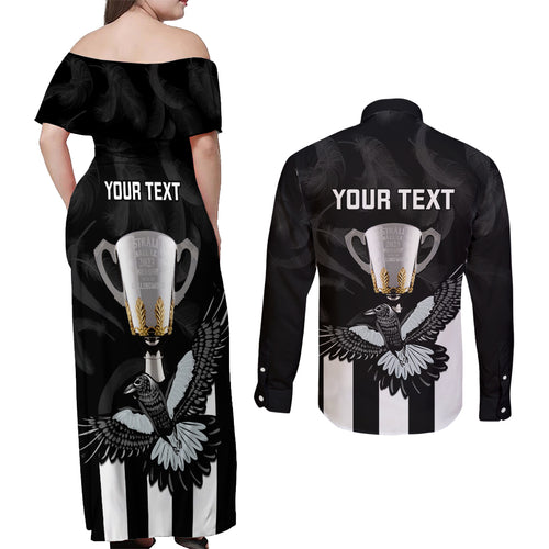 personalised-afl-collingwood-couples-matching-off-shoulder-maxi-dress-and-long-sleeve-button-shirts-magpies-premiers-2023-with-trophy-proud
