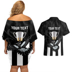 personalised-afl-collingwood-couples-matching-off-shoulder-short-dress-and-hawaiian-shirt-magpies-premiers-2023-with-trophy-proud