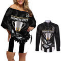 personalised-afl-collingwood-couples-matching-off-shoulder-short-dress-and-long-sleeve-button-shirts-magpies-premiers-2023-with-trophy-proud