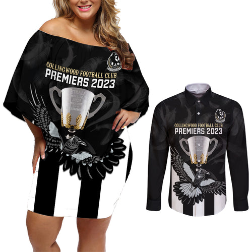 personalised-afl-collingwood-couples-matching-off-shoulder-short-dress-and-long-sleeve-button-shirts-magpies-premiers-2023-with-trophy-proud
