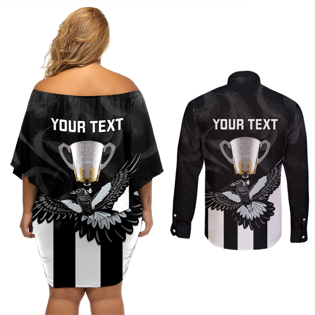 personalised-afl-collingwood-couples-matching-off-shoulder-short-dress-and-long-sleeve-button-shirts-magpies-premiers-2023-with-trophy-proud
