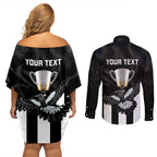 personalised-afl-collingwood-couples-matching-off-shoulder-short-dress-and-long-sleeve-button-shirts-magpies-premiers-2023-with-trophy-proud