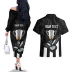 personalised-afl-collingwood-couples-matching-off-the-shoulder-long-sleeve-dress-and-hawaiian-shirt-magpies-premiers-2023-with-trophy-proud