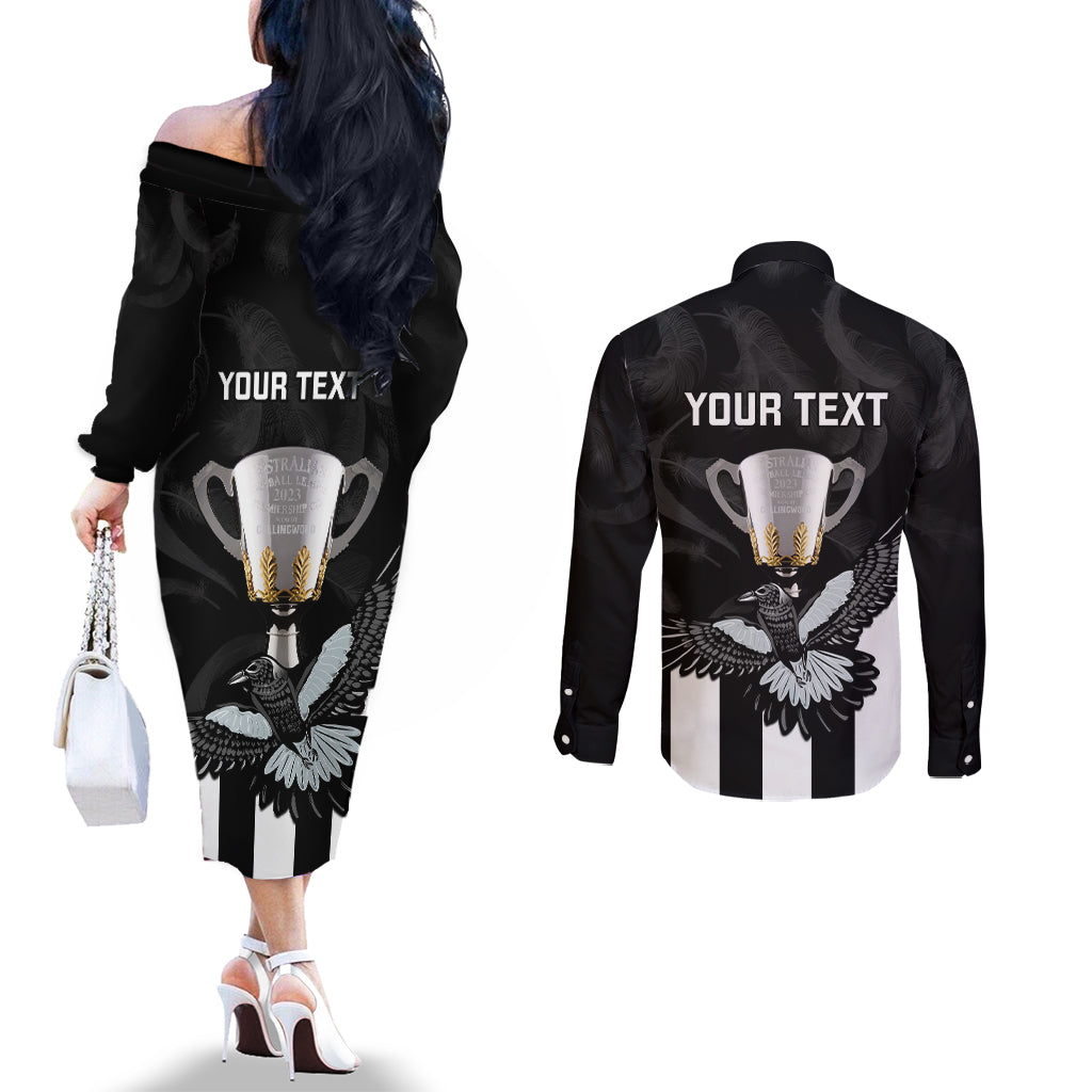 personalised-afl-collingwood-couples-matching-off-the-shoulder-long-sleeve-dress-and-long-sleeve-button-shirts-magpies-premiers-2023-with-trophy-proud
