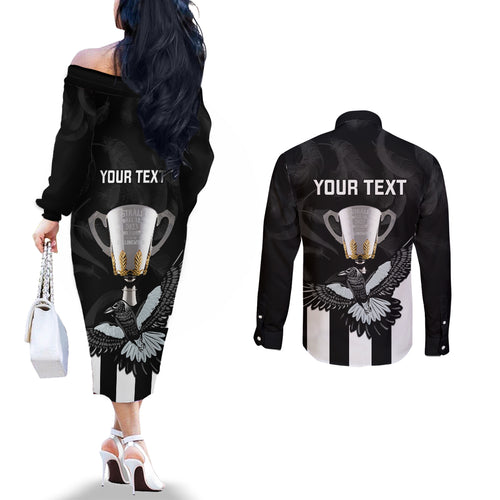 personalised-afl-collingwood-couples-matching-off-the-shoulder-long-sleeve-dress-and-long-sleeve-button-shirts-magpies-premiers-2023-with-trophy-proud