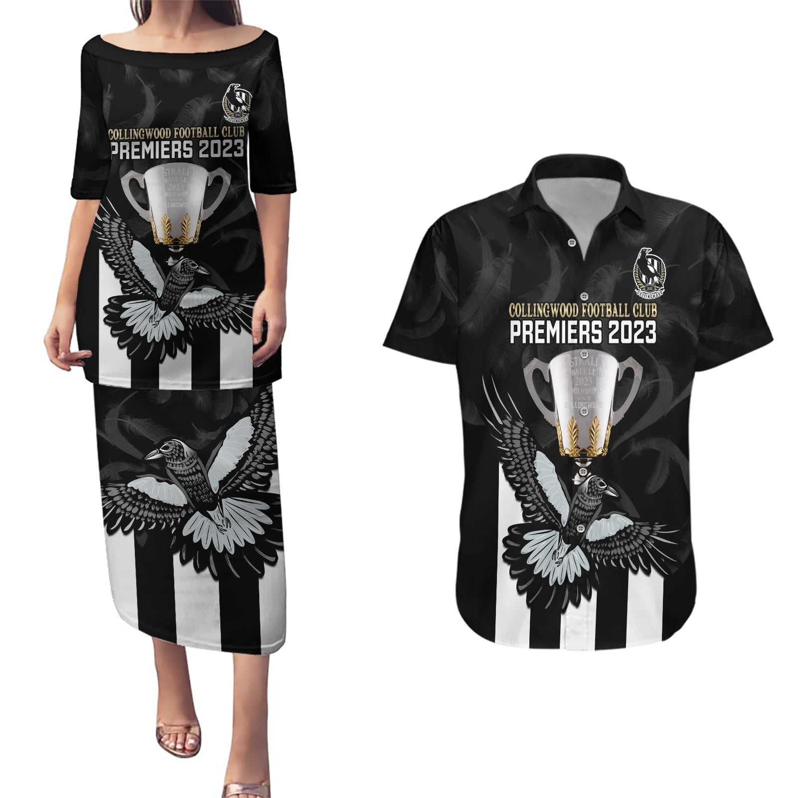 personalised-afl-collingwood-couples-matching-puletasi-dress-and-hawaiian-shirt-magpies-premiers-2023-with-trophy-proud