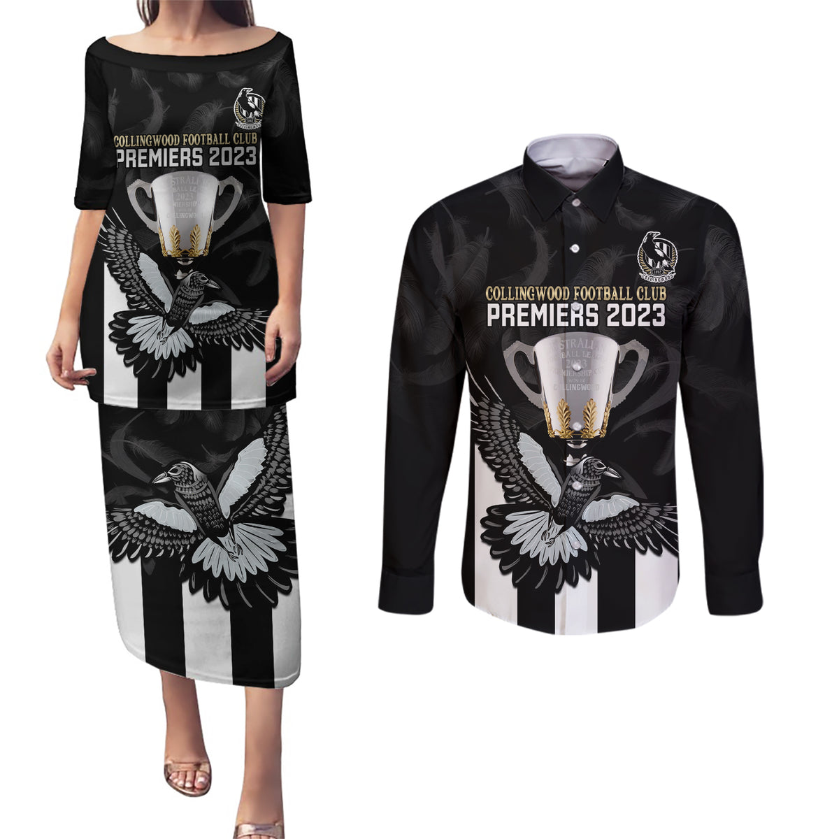 personalised-afl-collingwood-couples-matching-puletasi-dress-and-long-sleeve-button-shirts-magpies-premiers-2023-with-trophy-proud