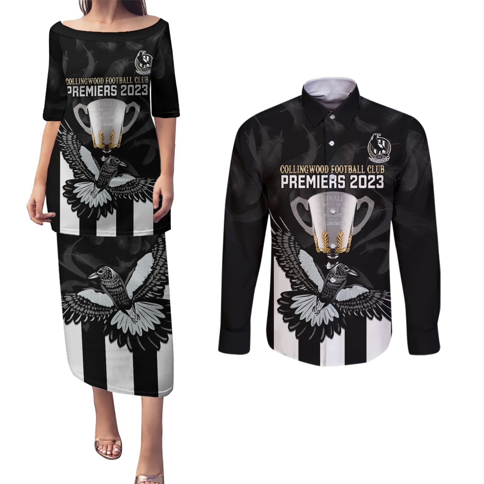 personalised-afl-collingwood-couples-matching-puletasi-dress-and-long-sleeve-button-shirts-magpies-premiers-2023-with-trophy-proud