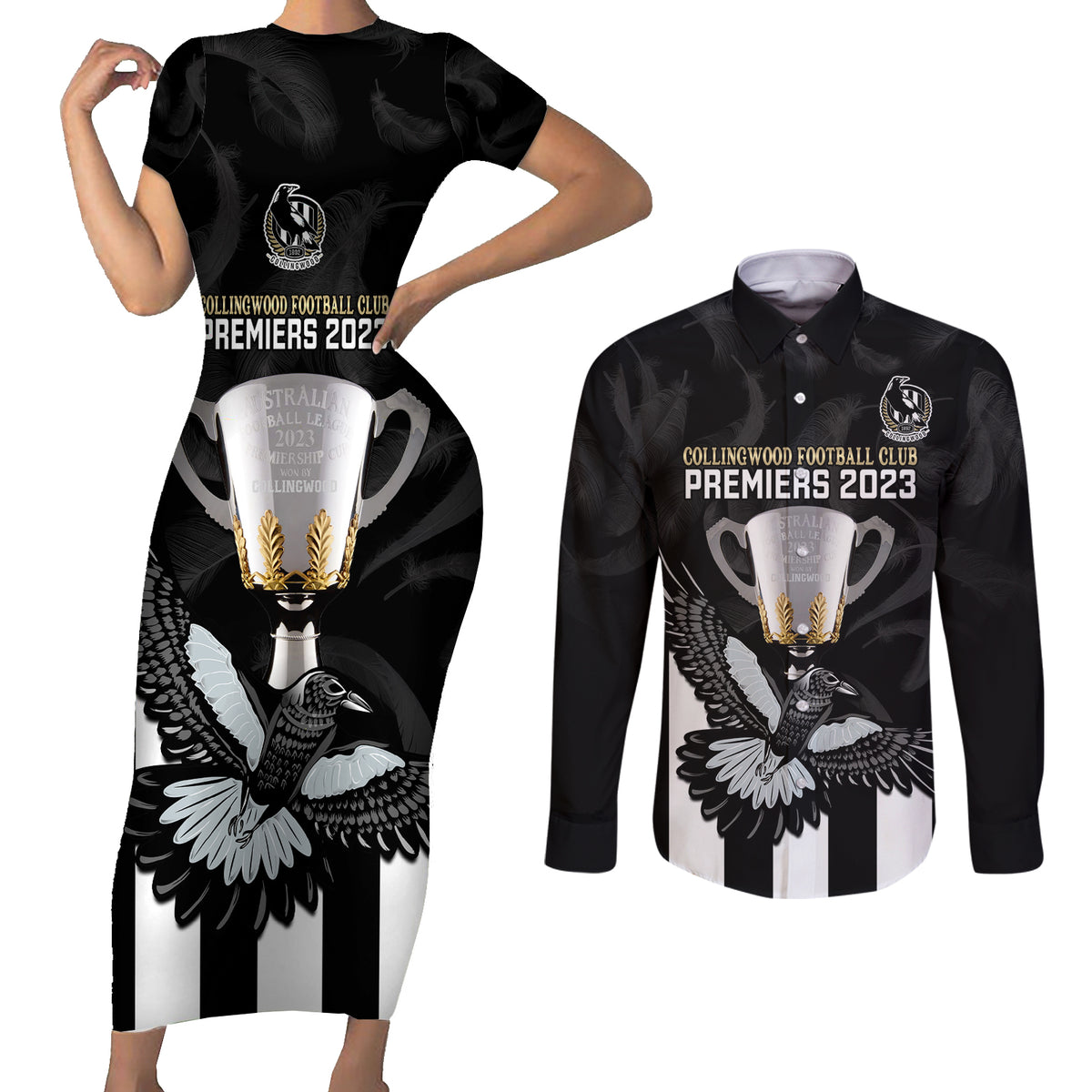 personalised-afl-collingwood-couples-matching-short-sleeve-bodycon-dress-and-long-sleeve-button-shirts-magpies-premiers-2023-with-trophy-proud