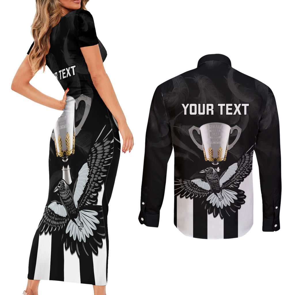 personalised-afl-collingwood-couples-matching-short-sleeve-bodycon-dress-and-long-sleeve-button-shirts-magpies-premiers-2023-with-trophy-proud