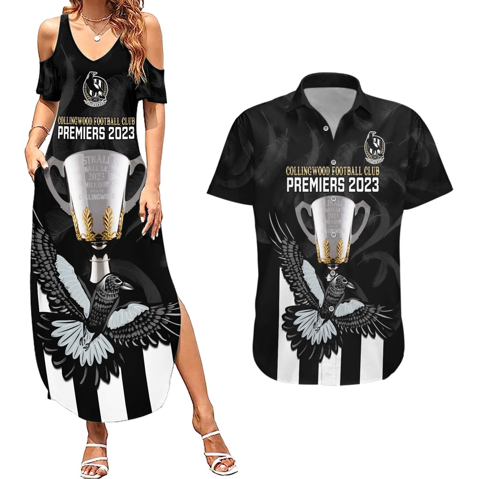 personalised-afl-collingwood-couples-matching-summer-maxi-dress-and-hawaiian-shirt-magpies-premiers-2023-with-trophy-proud