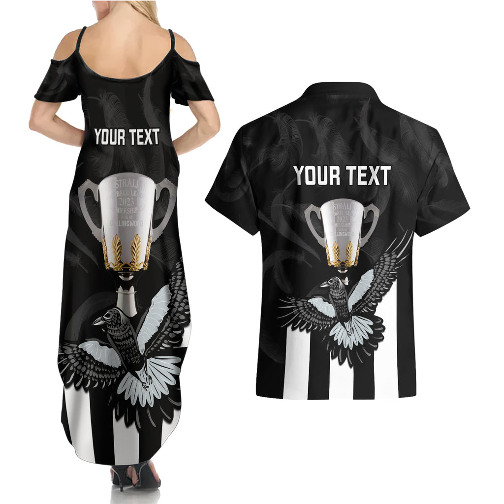 personalised-afl-collingwood-couples-matching-summer-maxi-dress-and-hawaiian-shirt-magpies-premiers-2023-with-trophy-proud