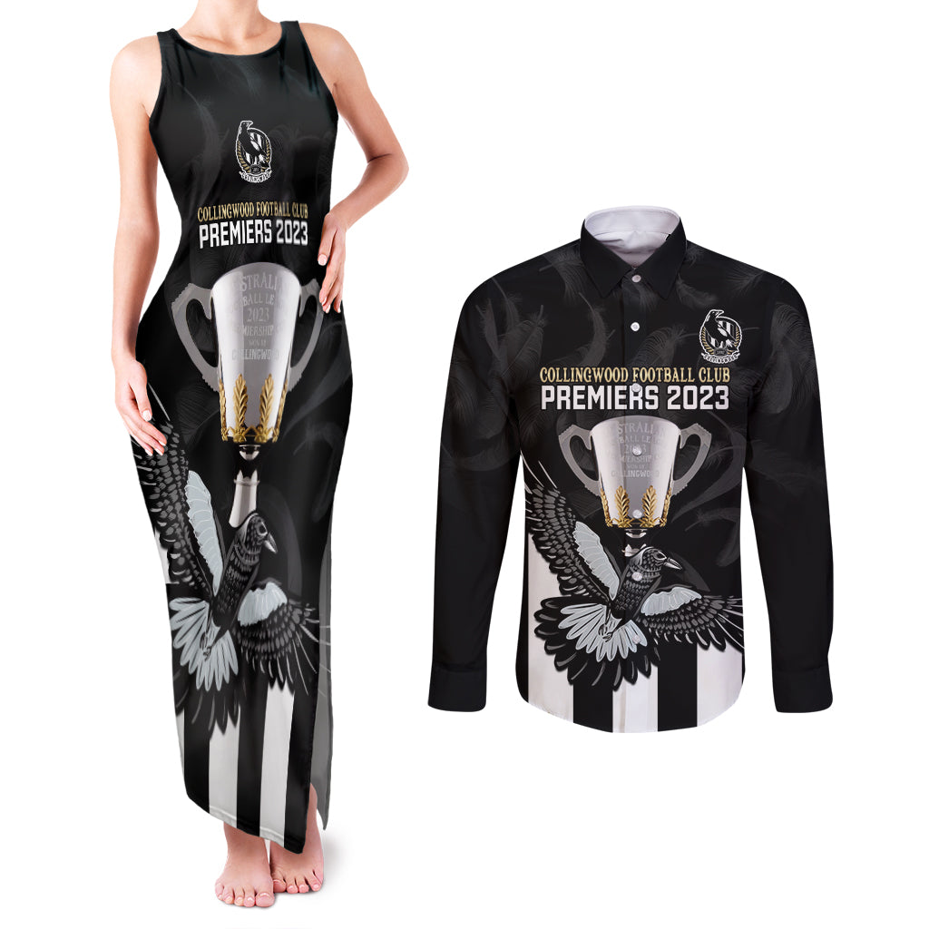 personalised-afl-collingwood-couples-matching-tank-maxi-dress-and-long-sleeve-button-shirts-magpies-premiers-2023-with-trophy-proud