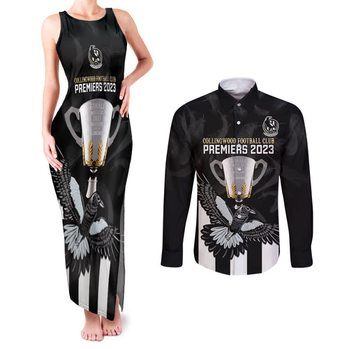 personalised-afl-collingwood-couples-matching-tank-maxi-dress-and-long-sleeve-button-shirts-magpies-premiers-2023-with-trophy-proud