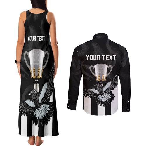 personalised-afl-collingwood-couples-matching-tank-maxi-dress-and-long-sleeve-button-shirts-magpies-premiers-2023-with-trophy-proud