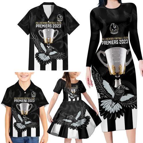 personalised-afl-collingwood-family-matching-long-sleeve-bodycon-dress-and-hawaiian-shirt-magpies-premiers-2023-with-trophy-proud