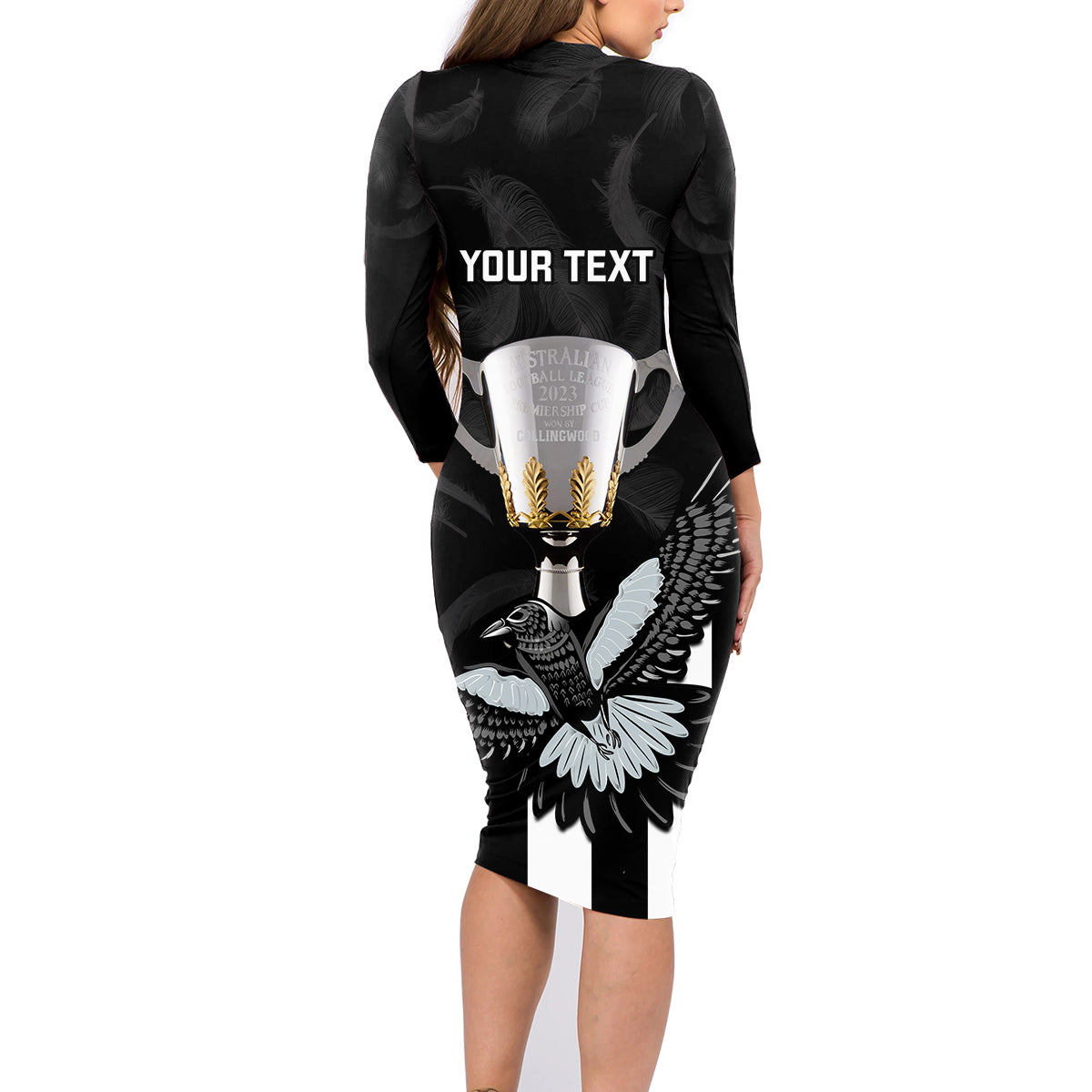 personalised-afl-collingwood-family-matching-long-sleeve-bodycon-dress-and-hawaiian-shirt-magpies-premiers-2023-with-trophy-proud
