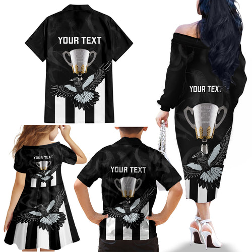 personalised-afl-collingwood-family-matching-off-shoulder-long-sleeve-dress-and-hawaiian-shirt-magpies-premiers-2023-with-trophy-proud