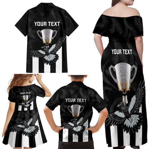 personalised-afl-collingwood-family-matching-off-shoulder-maxi-dress-and-hawaiian-shirt-magpies-premiers-2023-with-trophy-proud