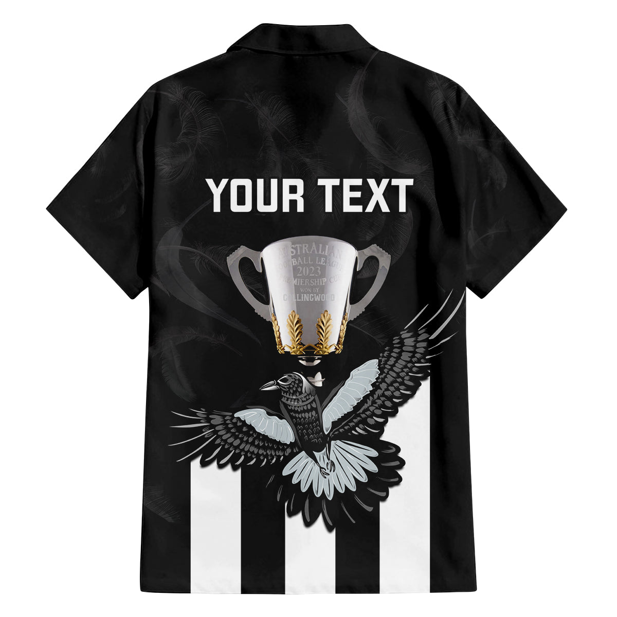 personalised-afl-collingwood-family-matching-off-shoulder-maxi-dress-and-hawaiian-shirt-magpies-premiers-2023-with-trophy-proud
