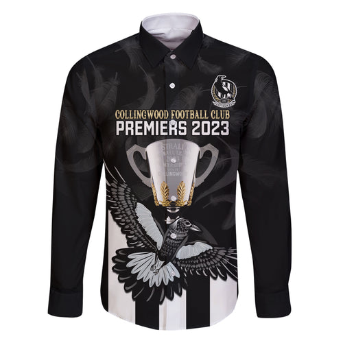 personalised-afl-collingwood-family-matching-off-shoulder-maxi-dress-and-hawaiian-shirt-magpies-premiers-2023-with-trophy-proud