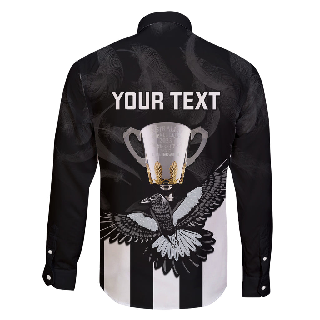 personalised-afl-collingwood-family-matching-off-shoulder-maxi-dress-and-hawaiian-shirt-magpies-premiers-2023-with-trophy-proud