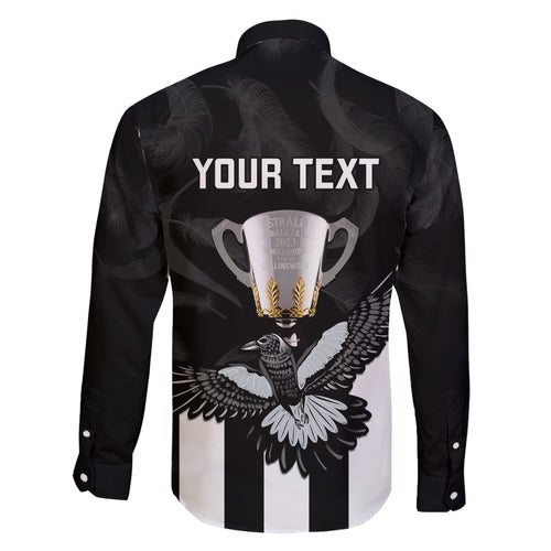 personalised-afl-collingwood-family-matching-off-shoulder-maxi-dress-and-hawaiian-shirt-magpies-premiers-2023-with-trophy-proud
