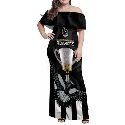 personalised-afl-collingwood-family-matching-off-shoulder-maxi-dress-and-hawaiian-shirt-magpies-premiers-2023-with-trophy-proud