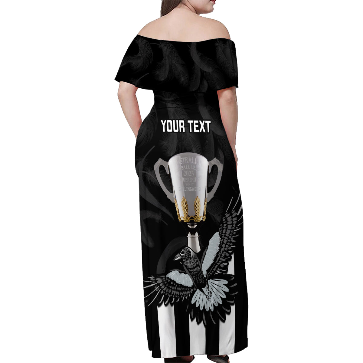 personalised-afl-collingwood-family-matching-off-shoulder-maxi-dress-and-hawaiian-shirt-magpies-premiers-2023-with-trophy-proud