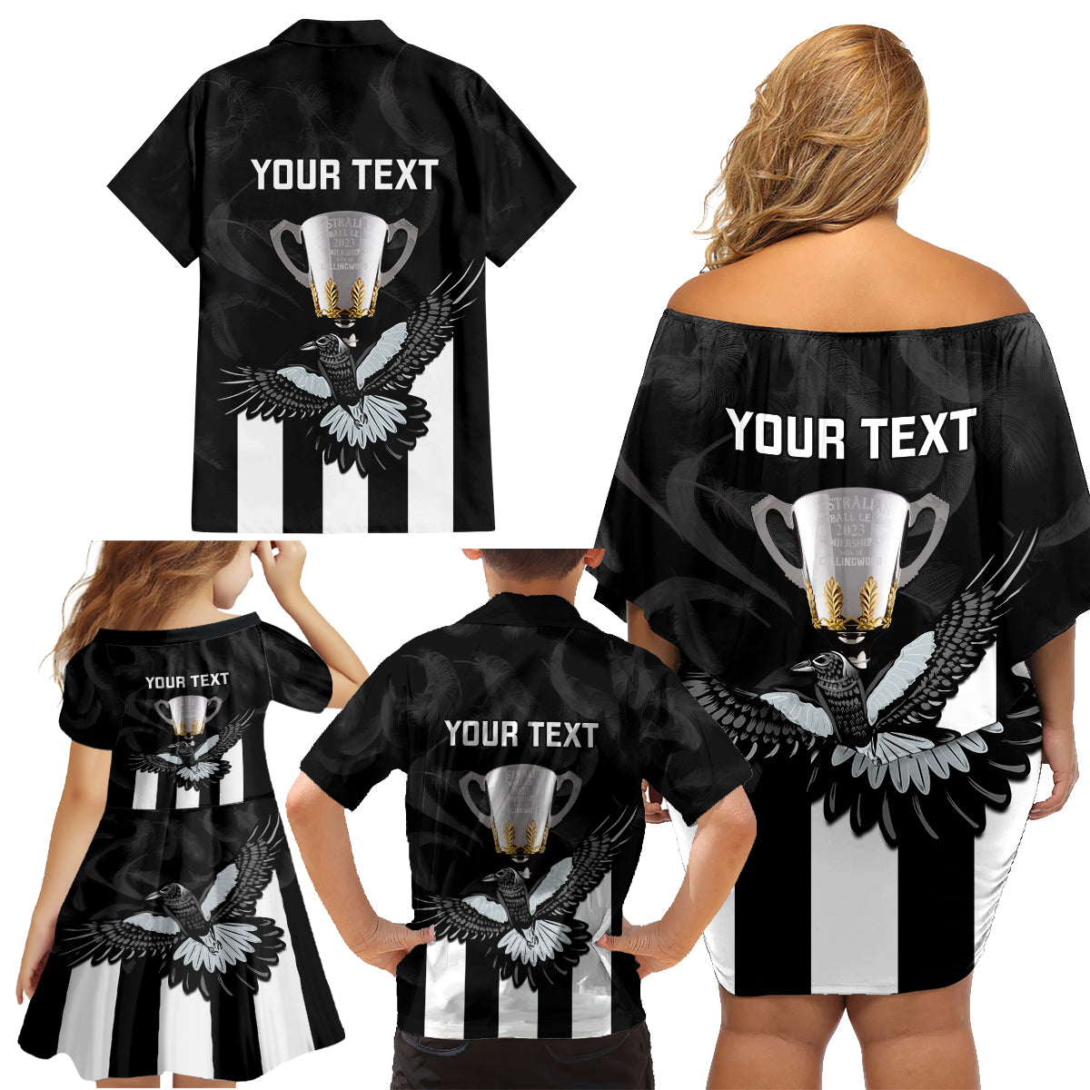 personalised-afl-collingwood-family-matching-off-shoulder-short-dress-and-hawaiian-shirt-magpies-premiers-2023-with-trophy-proud