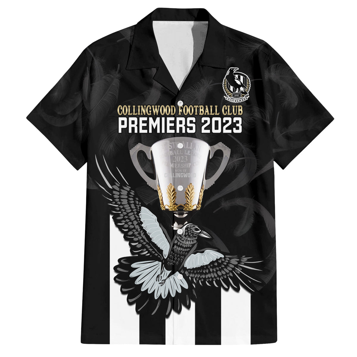 personalised-afl-collingwood-family-matching-off-shoulder-short-dress-and-hawaiian-shirt-magpies-premiers-2023-with-trophy-proud